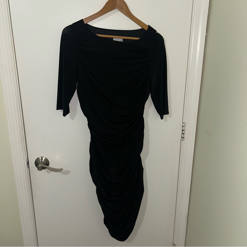2B. Rych | Women’s Elegant Black Ruched Midi Dress with Sleeves | Size 12